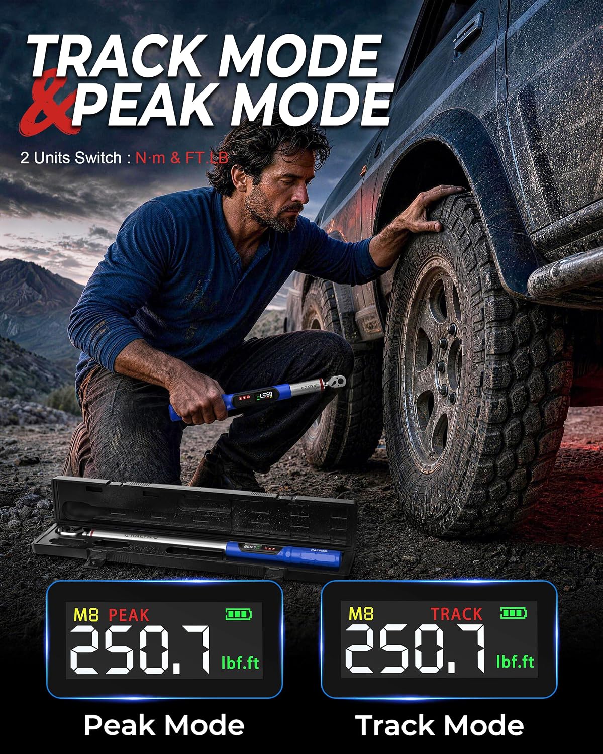 Digital Torque Wrench 3/8 & 1/2 Drive 5.02-99.57 Ft. Lb (6.8-135 N.m) / 12.54-250.7 Ft. Lb (17-340 N.m) ±2% Accuracy Digital Torque Wrench Set with Buzzer and LED Flash for Bike, Moto, Car