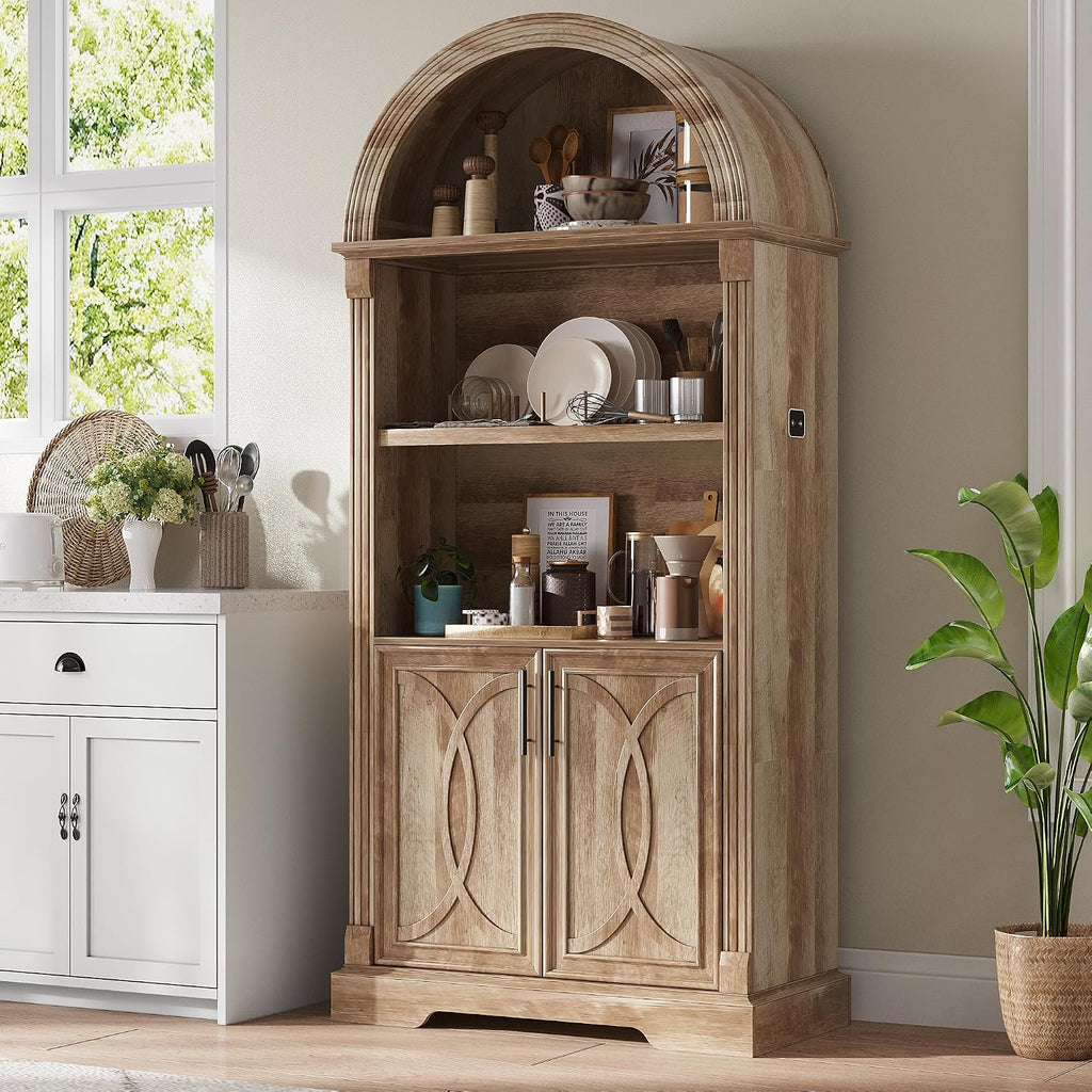 Vlsrka Arched Cabinet, Kitchen Pantry Cabinets with Open & Adjustable Shelves, Induction 3 Color Lights (Brown 2 PCS)