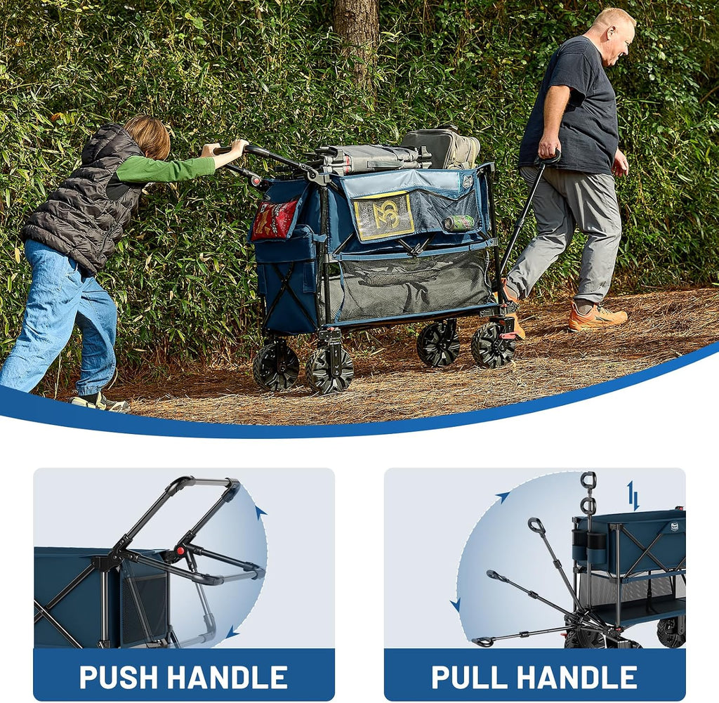 TIMBER RIDGE Push & Pull Double Decker Wagon, 400L Large Capacity Heavy Duty & 450lb Load, Collapsible Cart with All-Terrain Wheels & Brakes, 54' Extended Foldable for Sports, Beach, Camping, Blue