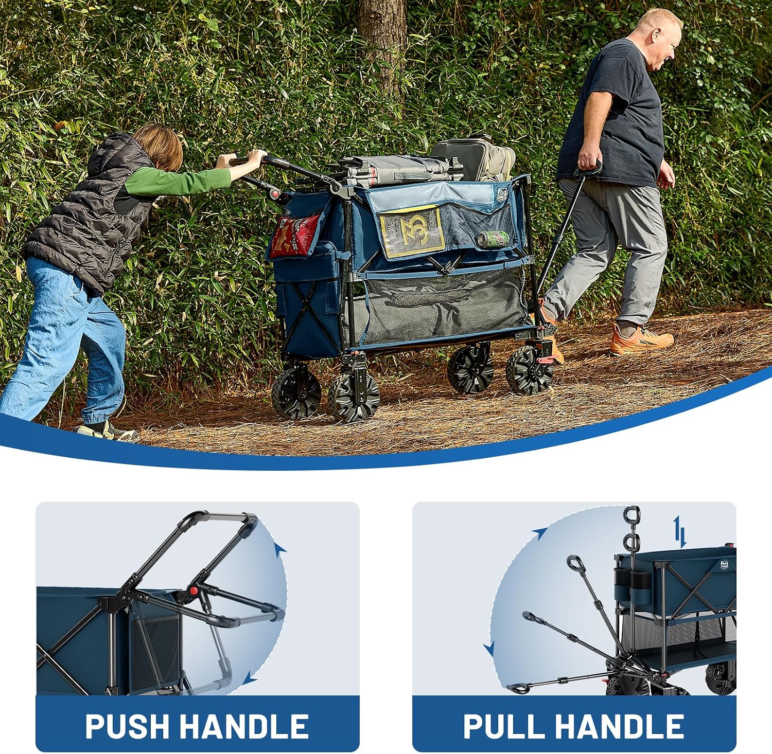 TIMBER RIDGE Push & Pull Double Decker Wagon, 400L Large Capacity Heavy Duty & 450lb Load, Collapsible Cart with All-Terrain Wheels & Brakes, 54' Extended Foldable for Sports, Beach, Camping, Blue