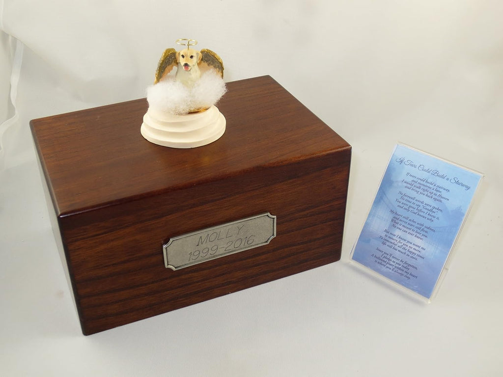 Wooden Pet Urns for Dogs with Yellow Labrador Lab Retriever Stairway to Heaven Figurine with Poem | Personalized Dog Memorial Urn for Ashes | Medium Paulownia Pet Urn for Lab | Conversation Concepts
