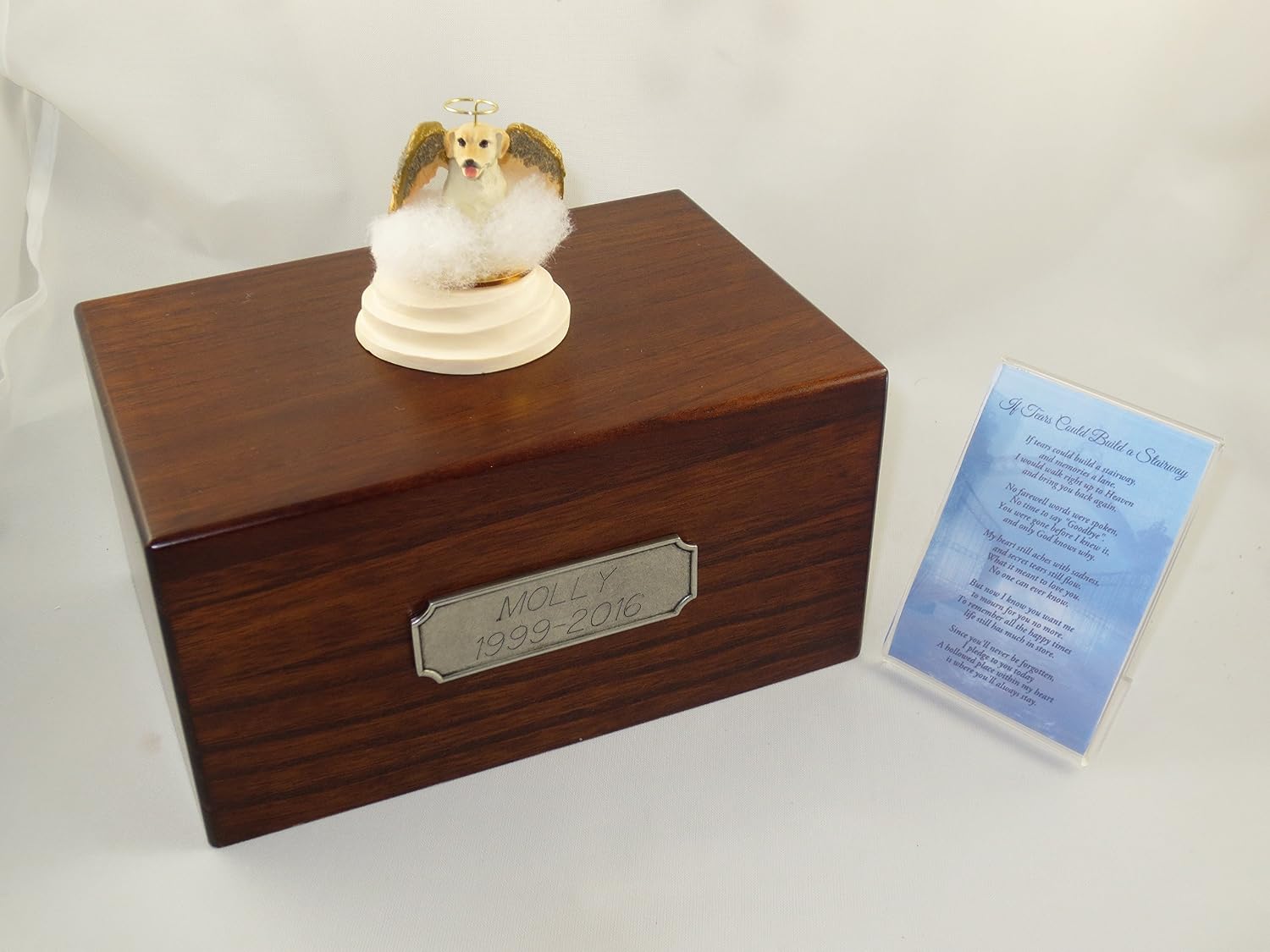Wooden Pet Urns for Dogs with Yellow Labrador Lab Retriever Stairway to Heaven Figurine with Poem | Personalized Dog Memorial Urn for Ashes | Medium Paulownia Pet Urn for Lab | Conversation Concepts