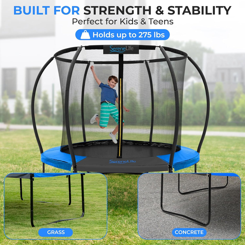 SereneLife Trampoline Outdoor 8FT 10FT 12FT 14FT with Enclosure Net, Ladder and Anti-Rust Coating - ASTM Approved Recreational Trampolines - Heavy Duty Yard Trampolines for Kids and Adults