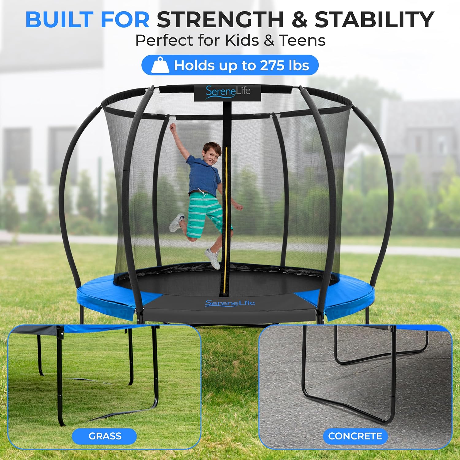 SereneLife Trampoline Outdoor 8FT 10FT 12FT 14FT with Enclosure Net, Ladder and Anti-Rust Coating - ASTM Approved Recreational Trampolines - Heavy Duty Yard Trampolines for Kids and Adults