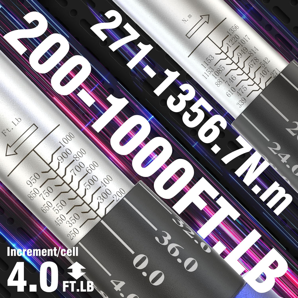 1'' 200-1000 Ft Lb Torque Wrench Heavy Duty, Dual Direction, High hardness, Long lifetime, Stored In a Solid Case