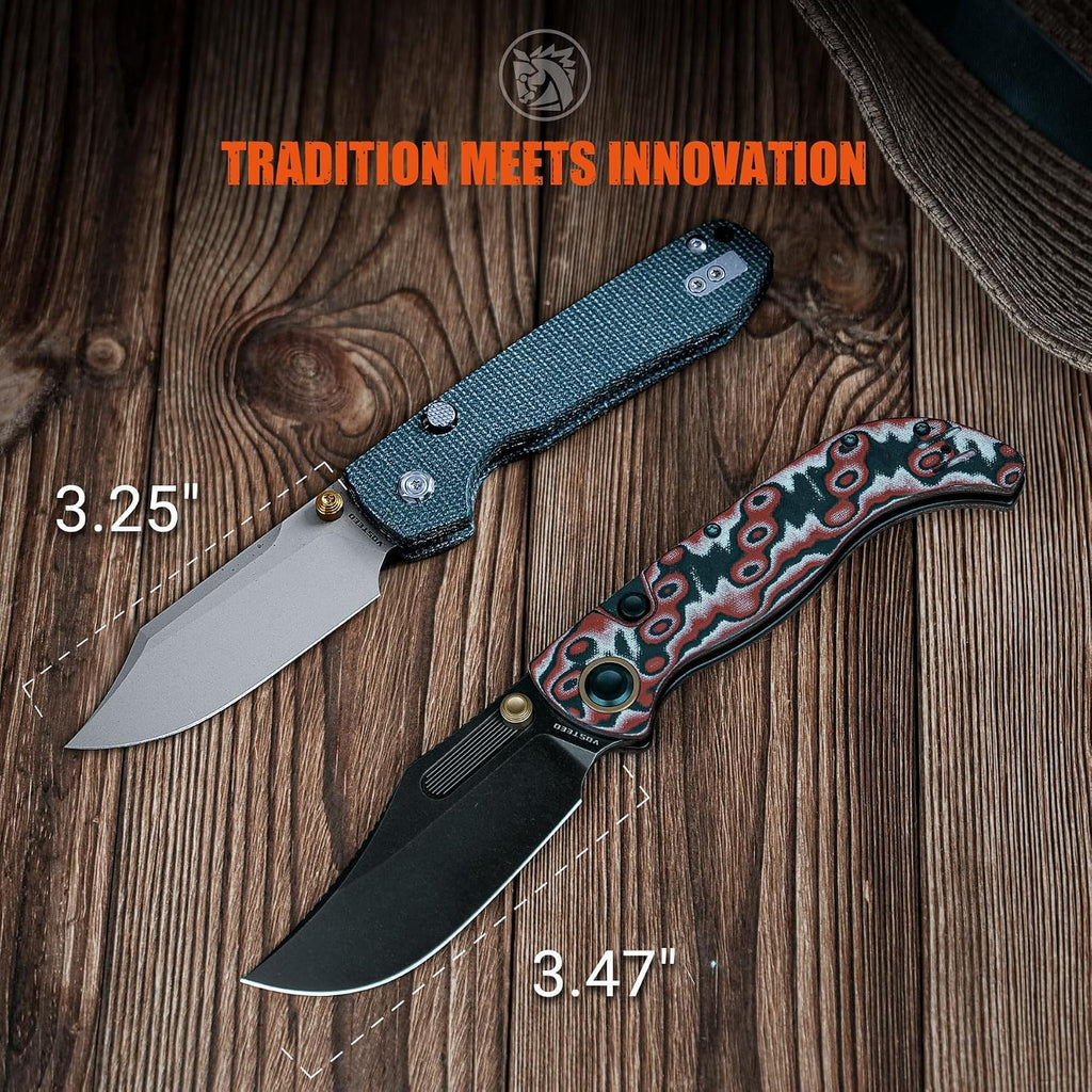 Vosteed Naga EDC Folding Pocket Knife - 3.47' S35VN Black Stonewash Blade - Top Liner Lock, Scarlet Void Micarta Handle - Camping, Hunting Knives - A3905