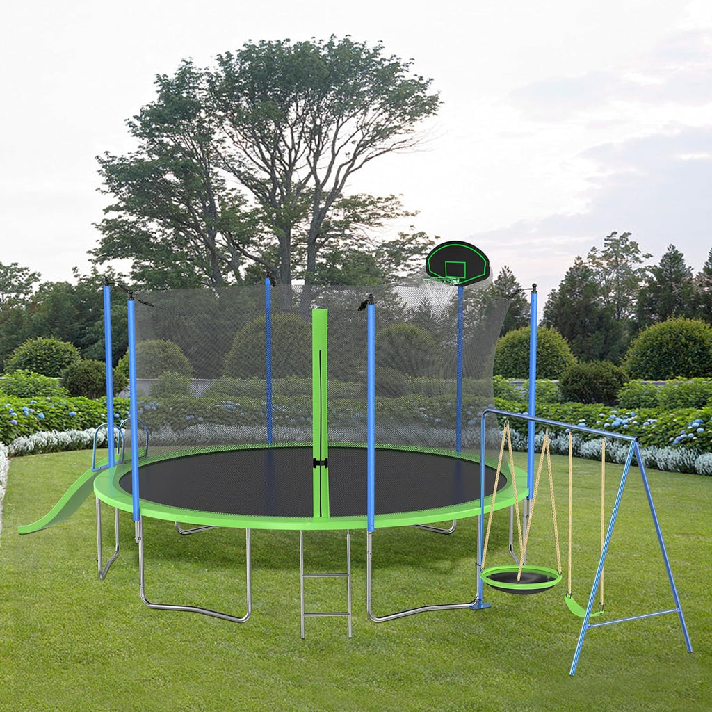 12FT Outdoor Trampoline with Slide and Swings,Recreational Trampoline with Basketball Hoop,Safety Enclosure Net and Ladder for Kids, Teens, ASTM Approved,Green