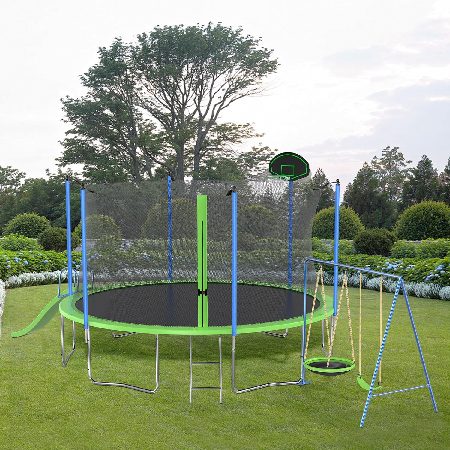 12FT Outdoor Trampoline with Slide and Swings,Recreational Trampoline with Basketball Hoop,Safety Enclosure Net and Ladder for Kids, Teens, ASTM Approved,Green
