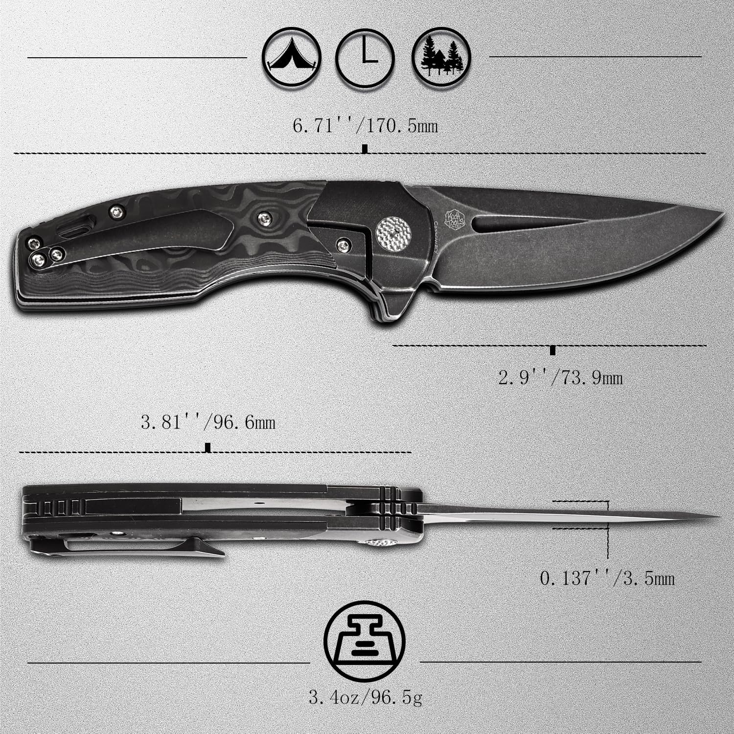 KANSEPT Cassowary Pocket Folding Knives for Men EDC Pocket Knife 2.9'' Black Stonewashed CPM S35VN Blade Folding Knife with Black Stonewashed Titanium Black Rose Pattern Carbon Fiber Handle K2065B3