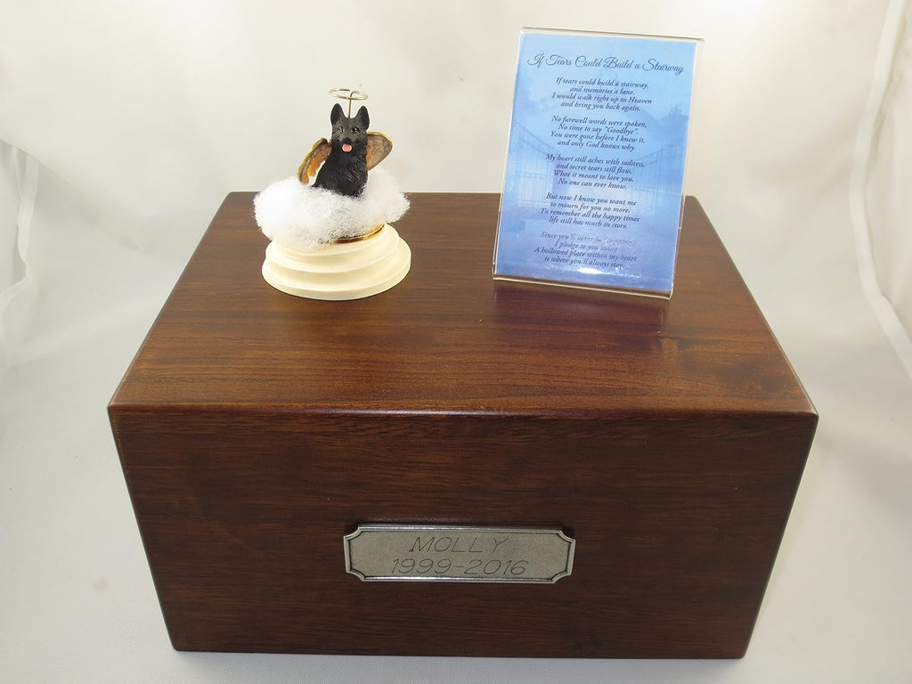 Wooden Pet Urns for Dogs with Black German Shepherd Stairway to Heaven Figurine | Large Dog Urn for Ashes | Pet Memorial Box with Personalized Pewter Engraving | Conversation Concepts
