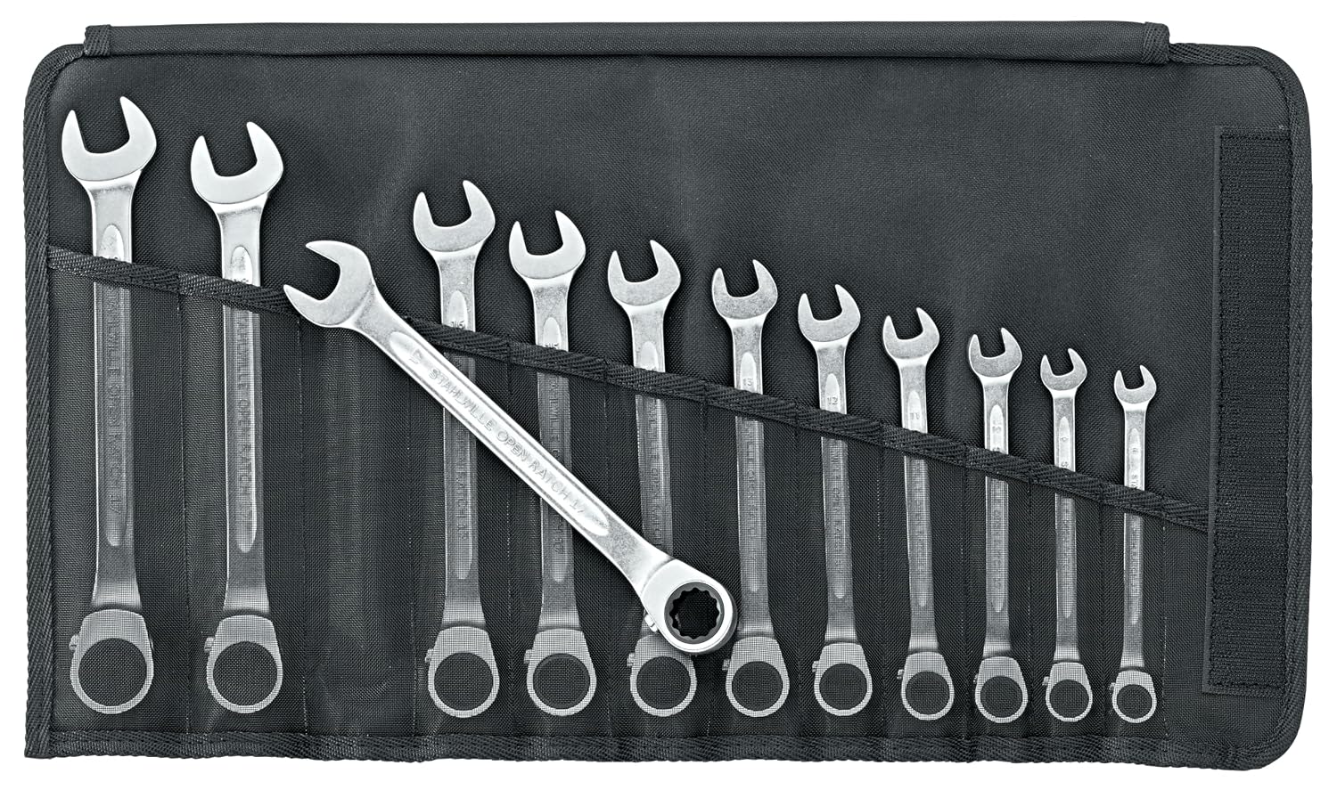 Stahlwille 96411712 Reversible Combination Ratcheting Spanners Open-Ratch Set, 12 Pieces, Size 8mm upto 19mm Spanner Openings, 72 Teeth, Bi-Hexagon, Made in Germany