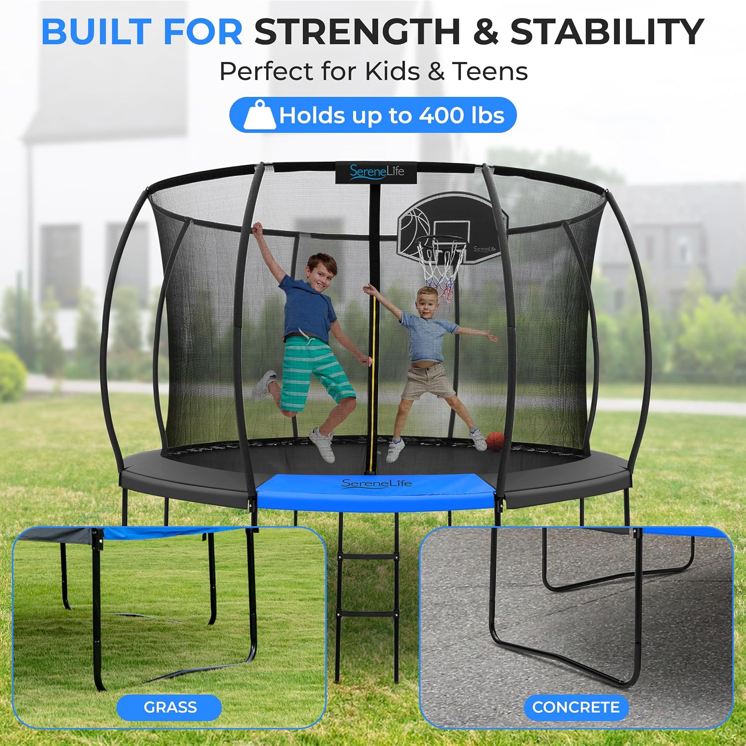 SereneLife Trampoline Outdoor 8FT 10FT 12FT 14FT with Enclosure Net, Ladder and Anti-Rust Coating - ASTM Approved Recreational Trampolines - Heavy Duty Yard Trampolines for Kids and Adults