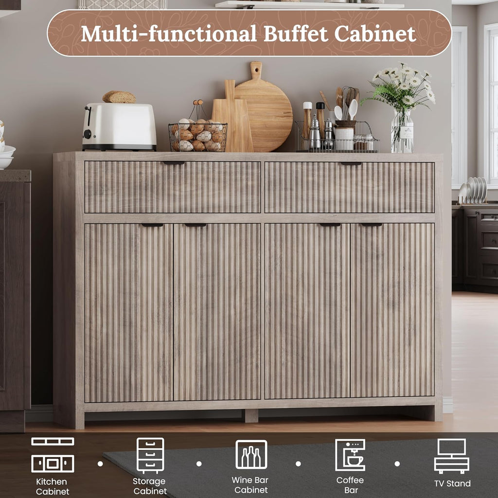 Fluted Sideboard Buffet Cabinet with Storage Drawers, 55' Large Accent Storage Cabinet with Doors and Adjustable Shelf, Modern Farmhouse Credenza for Entryway, Kitchen, Living Room - Gray
