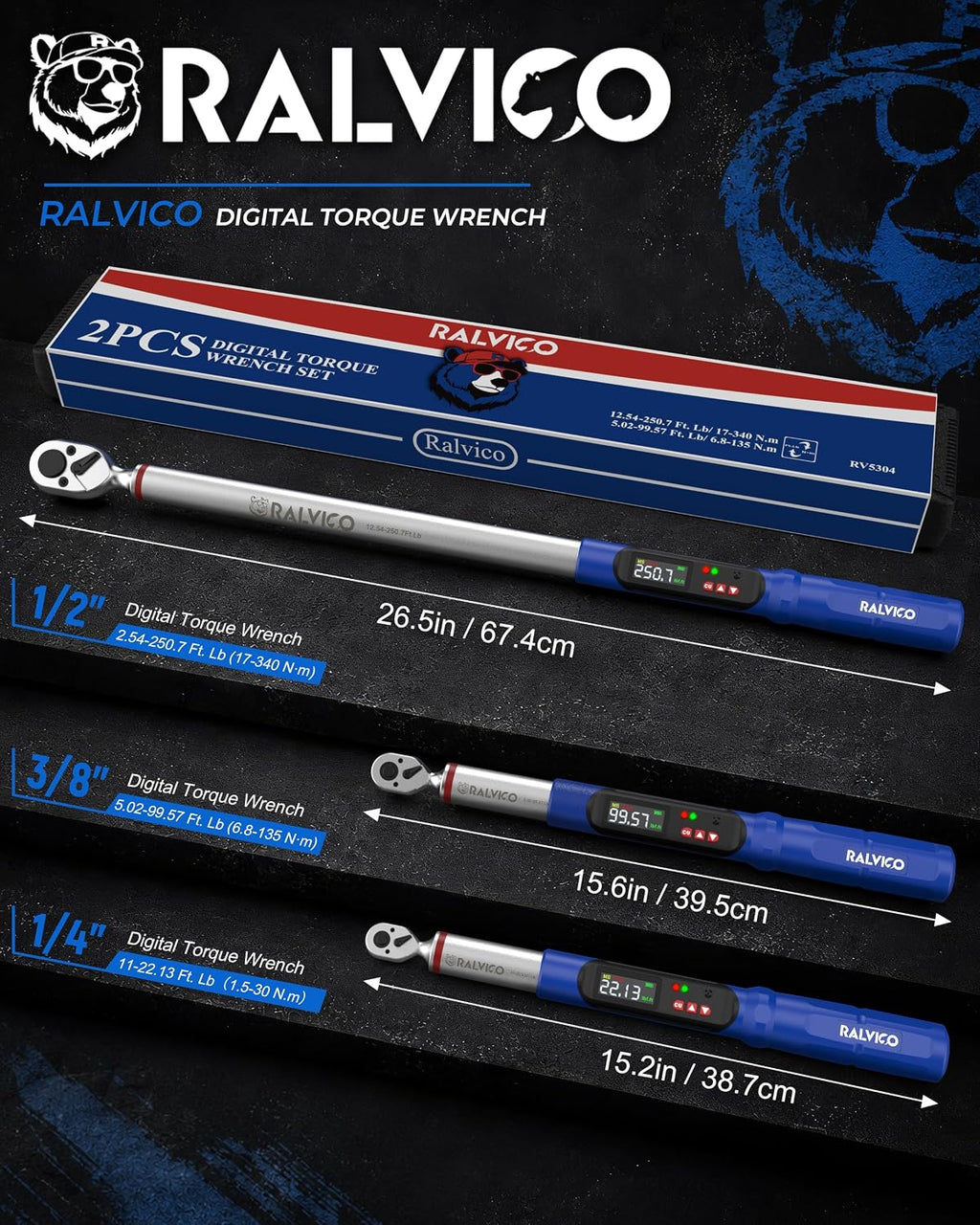 Digital Torque Wrench 3/8 & 1/2 Drive 5.02-99.57 Ft. Lb (6.8-135 N.m) / 12.54-250.7 Ft. Lb (17-340 N.m) ±2% Accuracy Digital Torque Wrench Set with Buzzer and LED Flash for Bike, Moto, Car