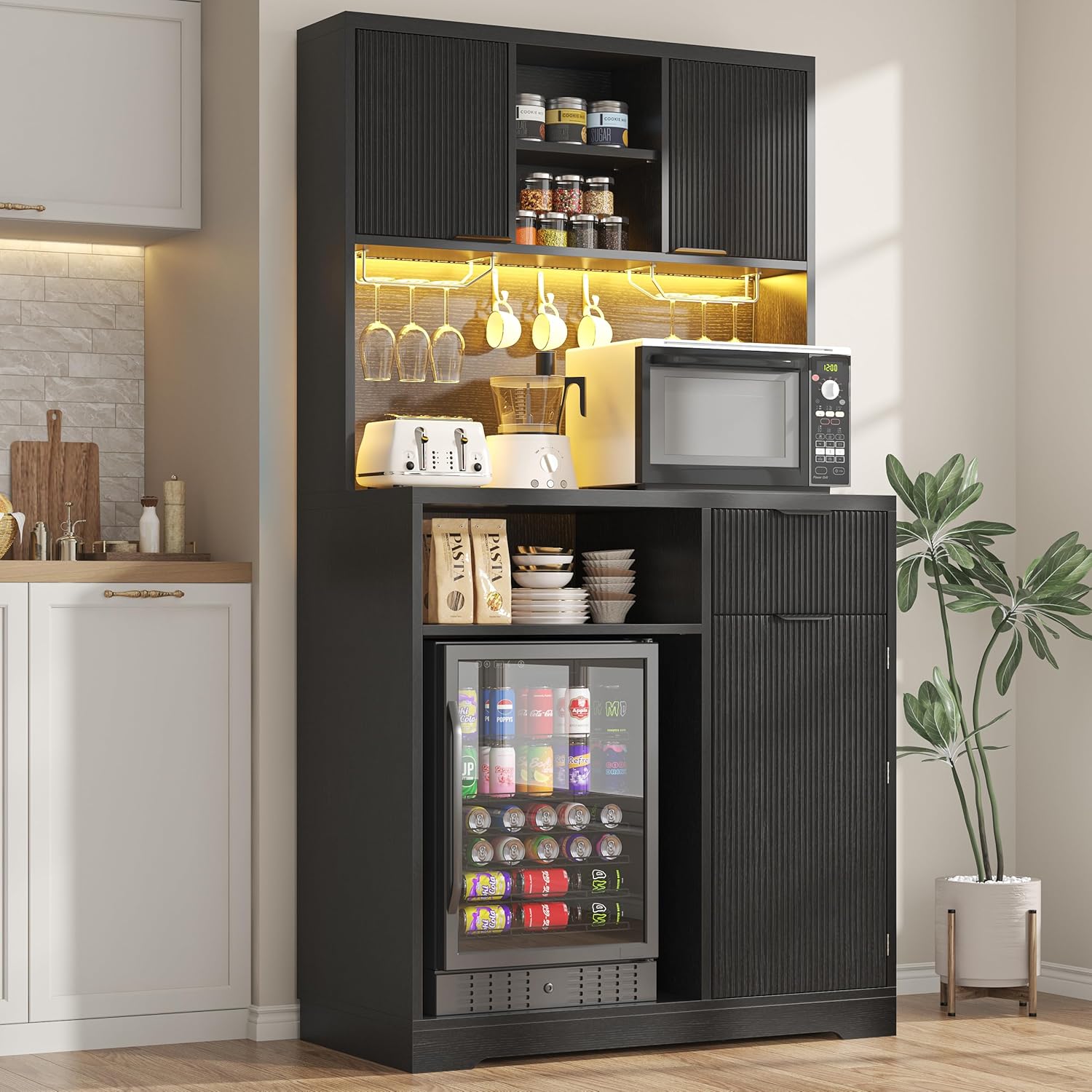 kepptory 72' Mini Fridge Cabinet with Storage, Coffee Bar Cabinet with Mini Fridge, Tall Coffee Bar Station with RGB LED Light, Wine Glass Holder, for Home Kitchen Living Room, Black
