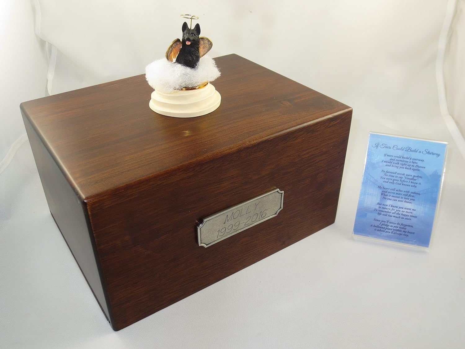 Wooden Pet Urns for Dogs with Black German Shepherd Stairway to Heaven Figurine | Large Dog Urn for Ashes | Pet Memorial Box with Personalized Pewter Engraving | Conversation Concepts