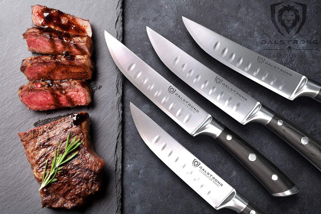Dalstrong Non Serrated Steak Knives Set of 4-5 inch Straight Blade Steak Knife Set - Sheaths - Forged German Steel - Black G10 Handle - Gladiator Series Elite - Dinner Set - NSF Cuchillos para Carne