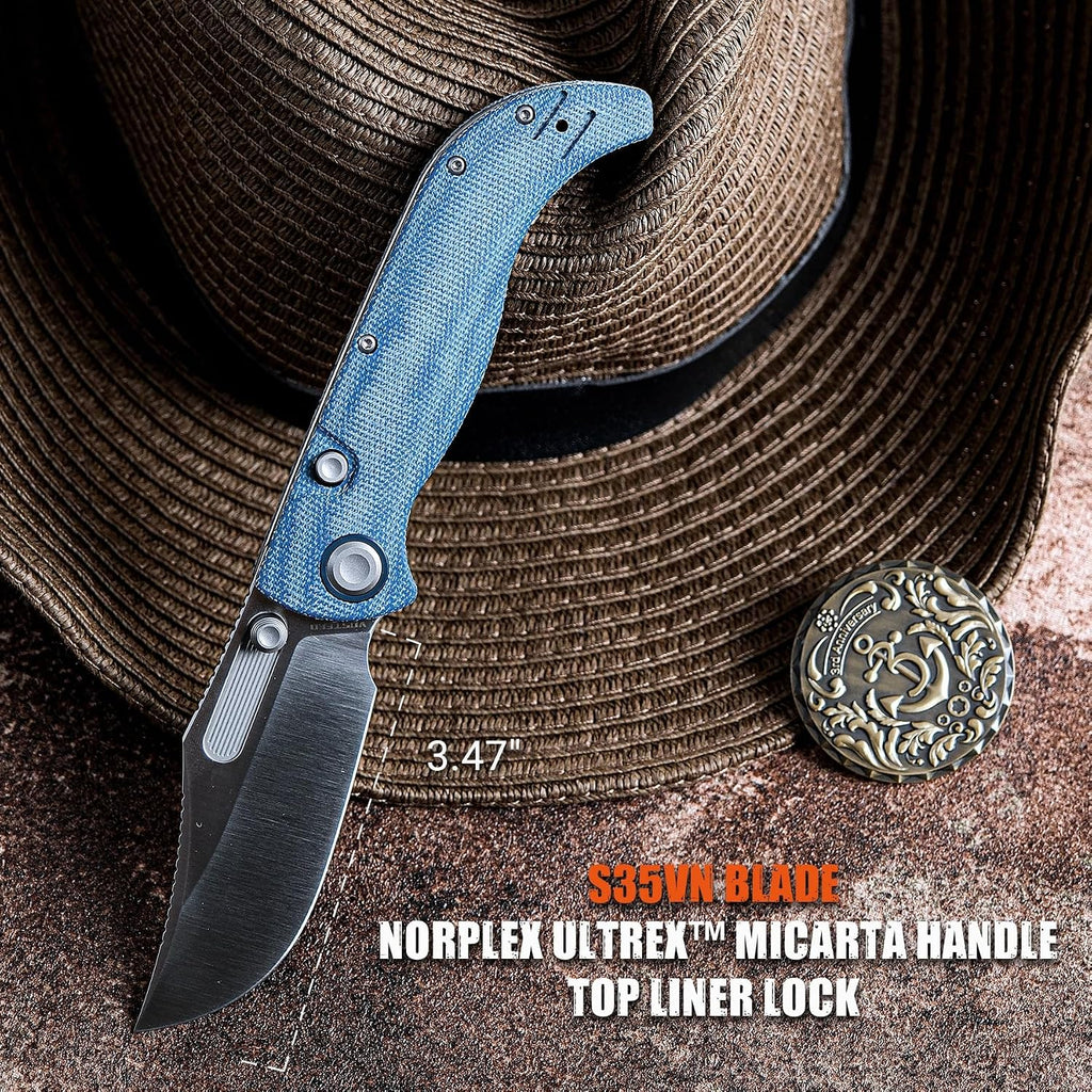 Vosteed Naga EDC Folding Pocket Knife - 3.47' S35VN Satin Blade, Clip Point - Top Liner Lock, Blue Norplex UltreX™ Micarta Handle - Camping, Hiking Knives - A3901