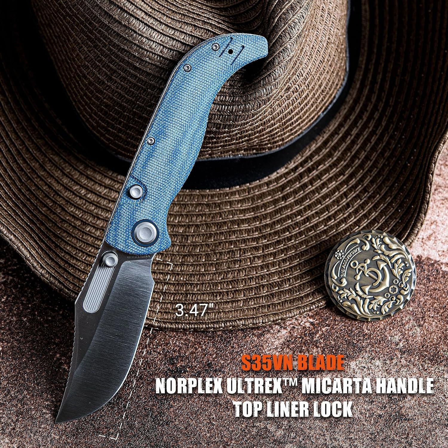 Vosteed Naga EDC Folding Pocket Knife - 3.47' S35VN Satin Blade, Clip Point - Top Liner Lock, Blue Norplex UltreX™ Micarta Handle - Camping, Hiking Knives - A3901