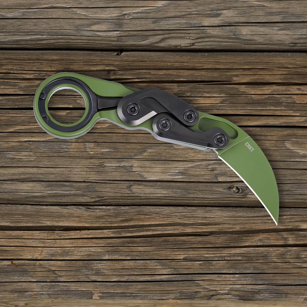CRKT Provoke Folding Knife with Kinematic: Morphing Karambit, D2 Steel Plain Edge Blade, Green Aluminum Handle, Pocket Clip, 4040BG