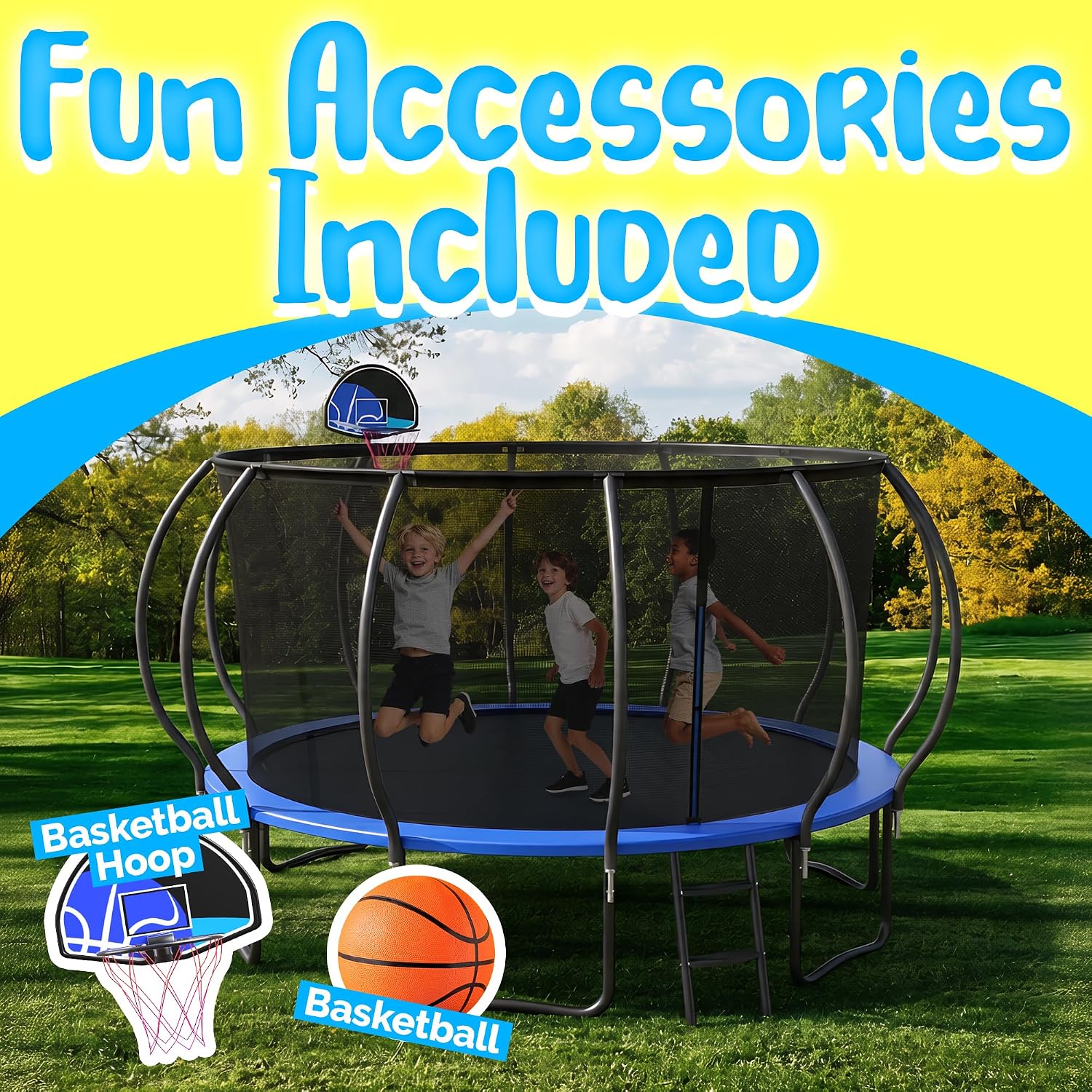YORIN Tranpoline 10 12 14 15 16 FT Tranpoline for Kids and Adults 1500LBS Recreational Tranpoline with Basketball Hoop, Enclosure Net, Back Yard Heavy Duty Outdoor Pumpkin Tranpolines, ASTM Approved