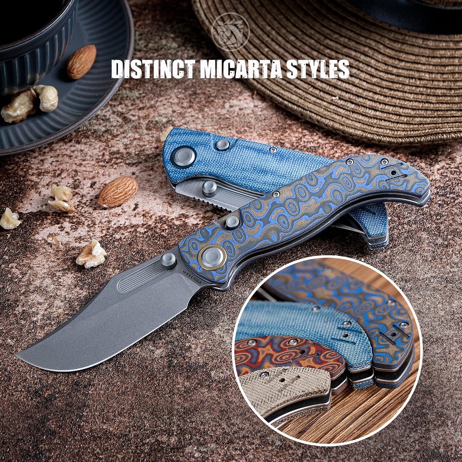 Vosteed Naga EDC Folding Pocket Knife - 3.47' S35VN Stonewash Blade, Clip Point - Top Liner Lock, Blue Ocean Micarta Handle - Camping, Hunting Knives - A3903