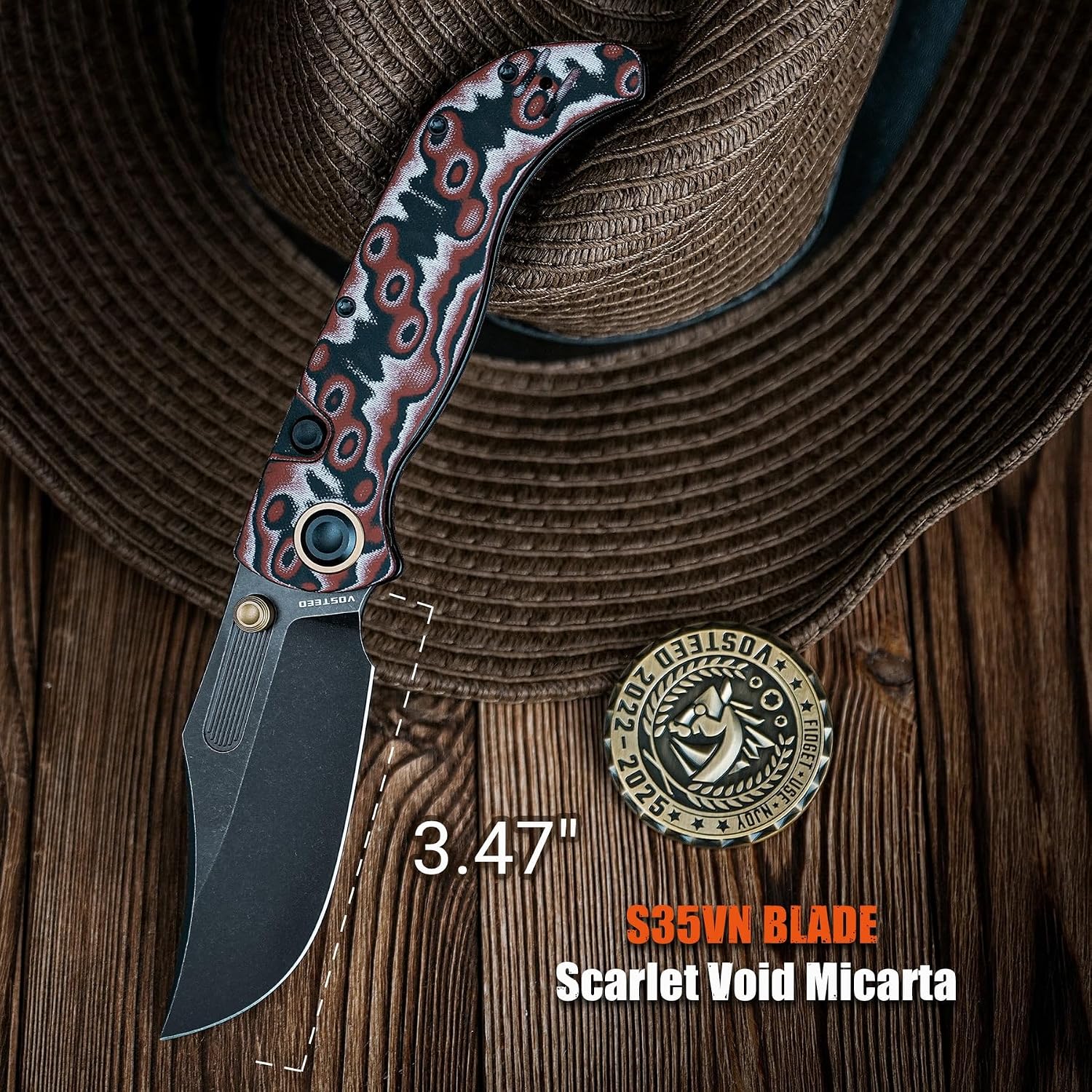 Vosteed Naga EDC Folding Pocket Knife - 3.47' S35VN Black Stonewash Blade - Top Liner Lock, Scarlet Void Micarta Handle - Camping, Hunting Knives - A3905