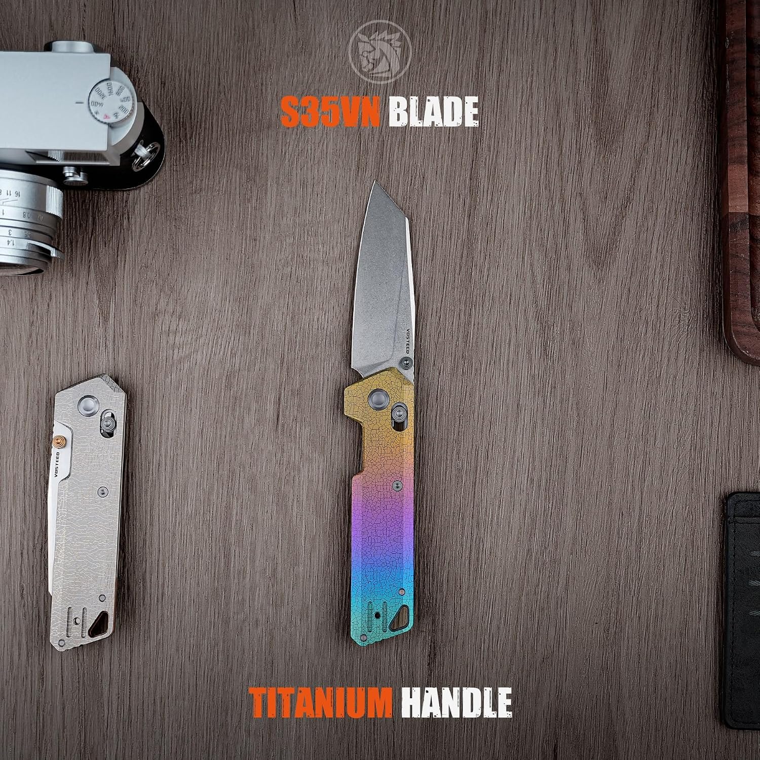 Vosteed Parallel EDC Pocket Knife - 2.90' S35VN Stonewash Blade, Reverse Tanto - Crossbar Lock, Iridescent Crackle Titanium Handle - Camping, Hiking Knives - A3508