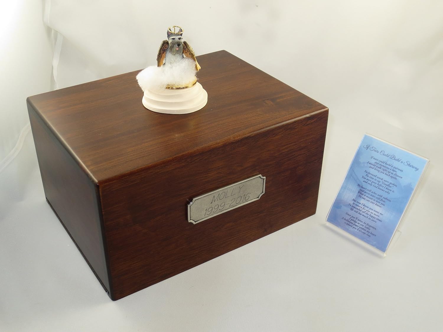 Beautiful Paulownia Large Wooden Urn with Gray Giant Schnauzer Stairway to Heaven Figurine with Poem & Personalized Pewter Engraving