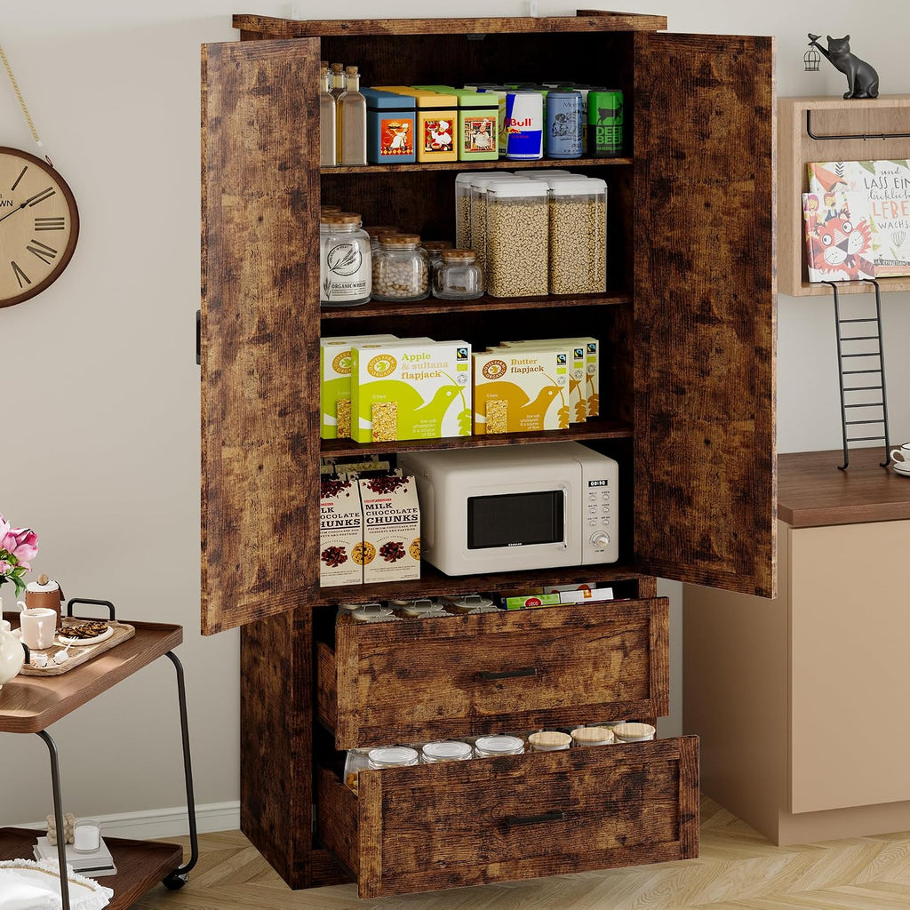 BORNOON Pantry Organizers and Storage Cabinet, 71' Barn Door White Kitchen Cabinet with Drawers and Adjustable Shelf, Tall Pantry for Kitchen, Dining Room, Living Room. Bathroom and Office