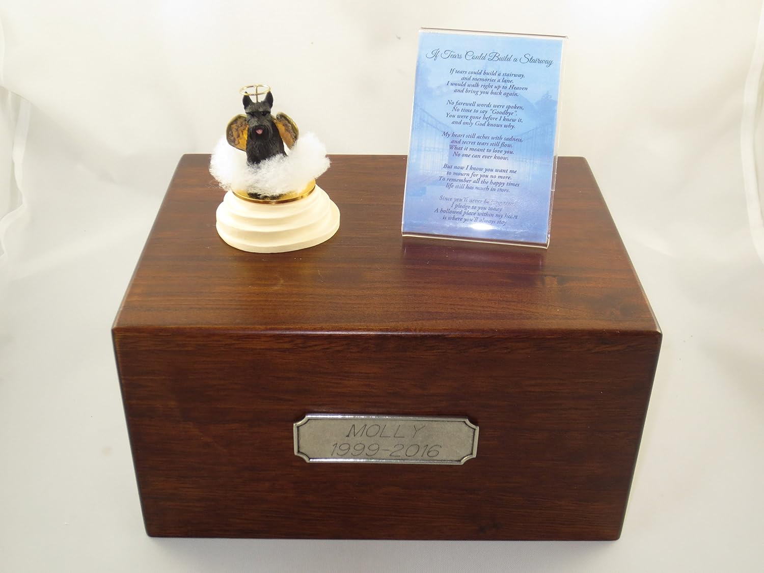 Beautiful Paulownia Large Wooden Urn with Black Giant Schnauzer Stairway to Heaven Figurine with Poem & Personalized Pewter Engraving