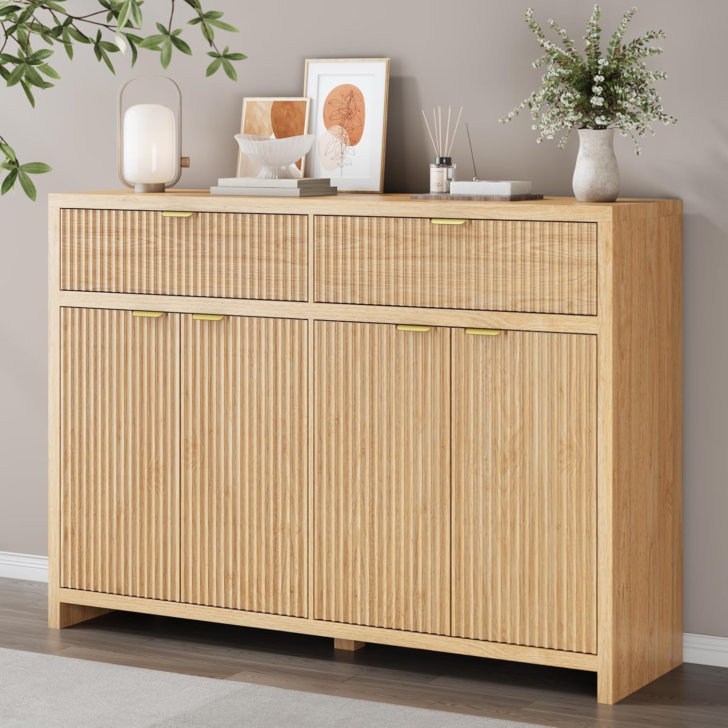55' W Sideboard Buffet Cabinet with Storage, Fluted Cabinet with 2 Drawers & 4 Doors, Wood Kitchen Cabinet with Adjustable Shelves for Living Room,Kitchen and Dining Room - Wood
