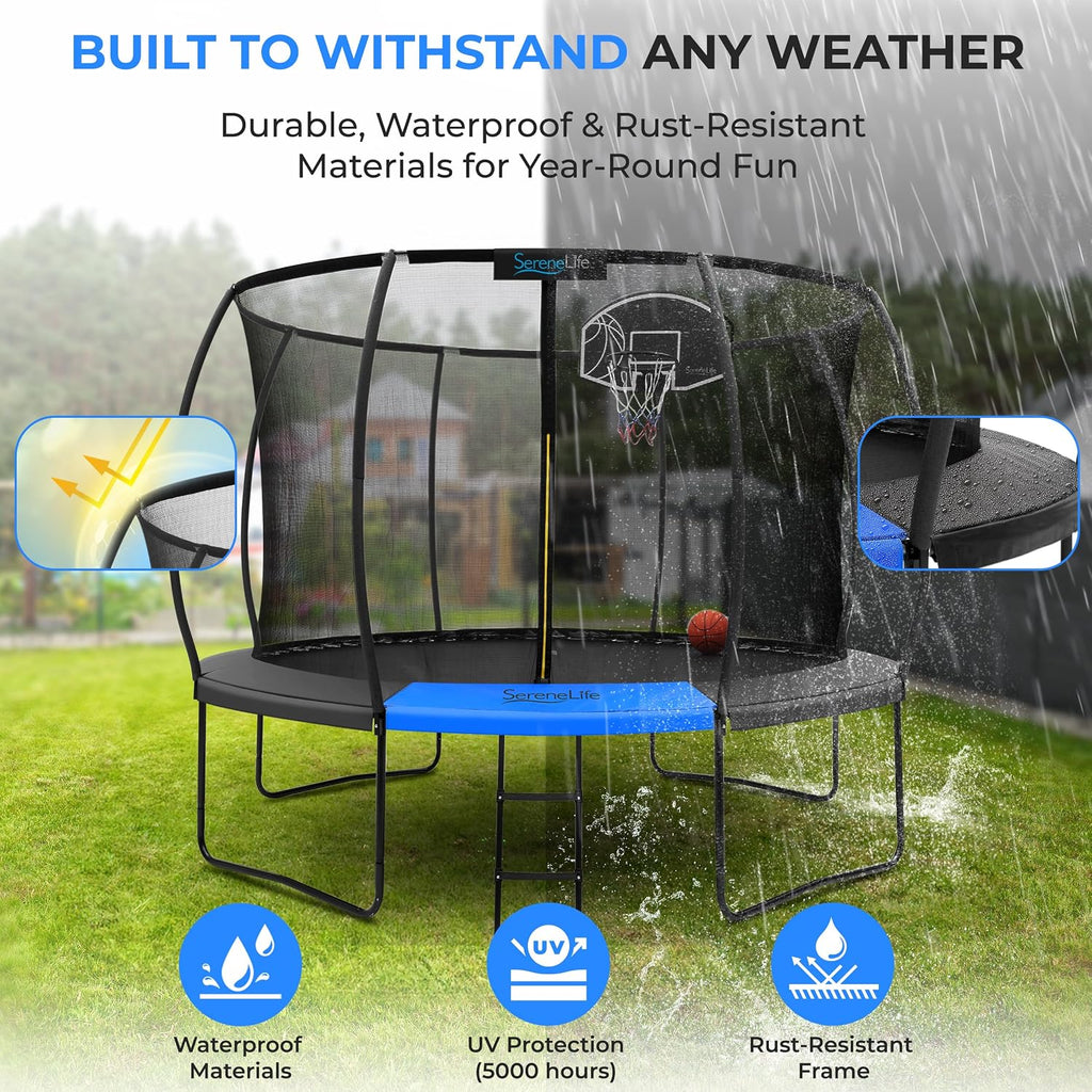 SereneLife Trampoline Outdoor 8FT 10FT 12FT 14FT with Enclosure Net, Ladder and Anti-Rust Coating - ASTM Approved Recreational Trampolines - Heavy Duty Yard Trampolines for Kids and Adults