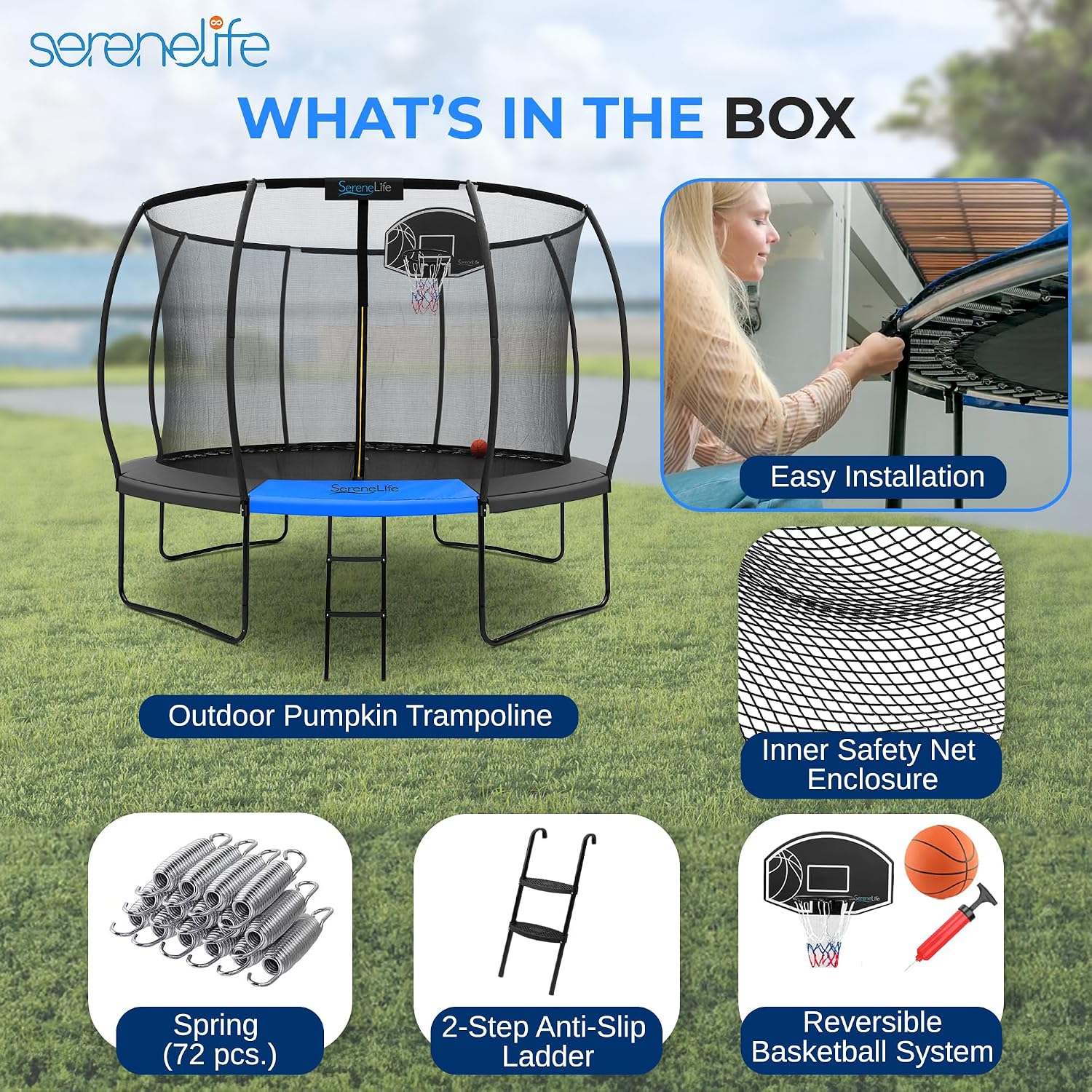 SereneLife Trampoline Outdoor 8FT 10FT 12FT 14FT with Enclosure Net, Ladder and Anti-Rust Coating - ASTM Approved Recreational Trampolines - Heavy Duty Yard Trampolines for Kids and Adults