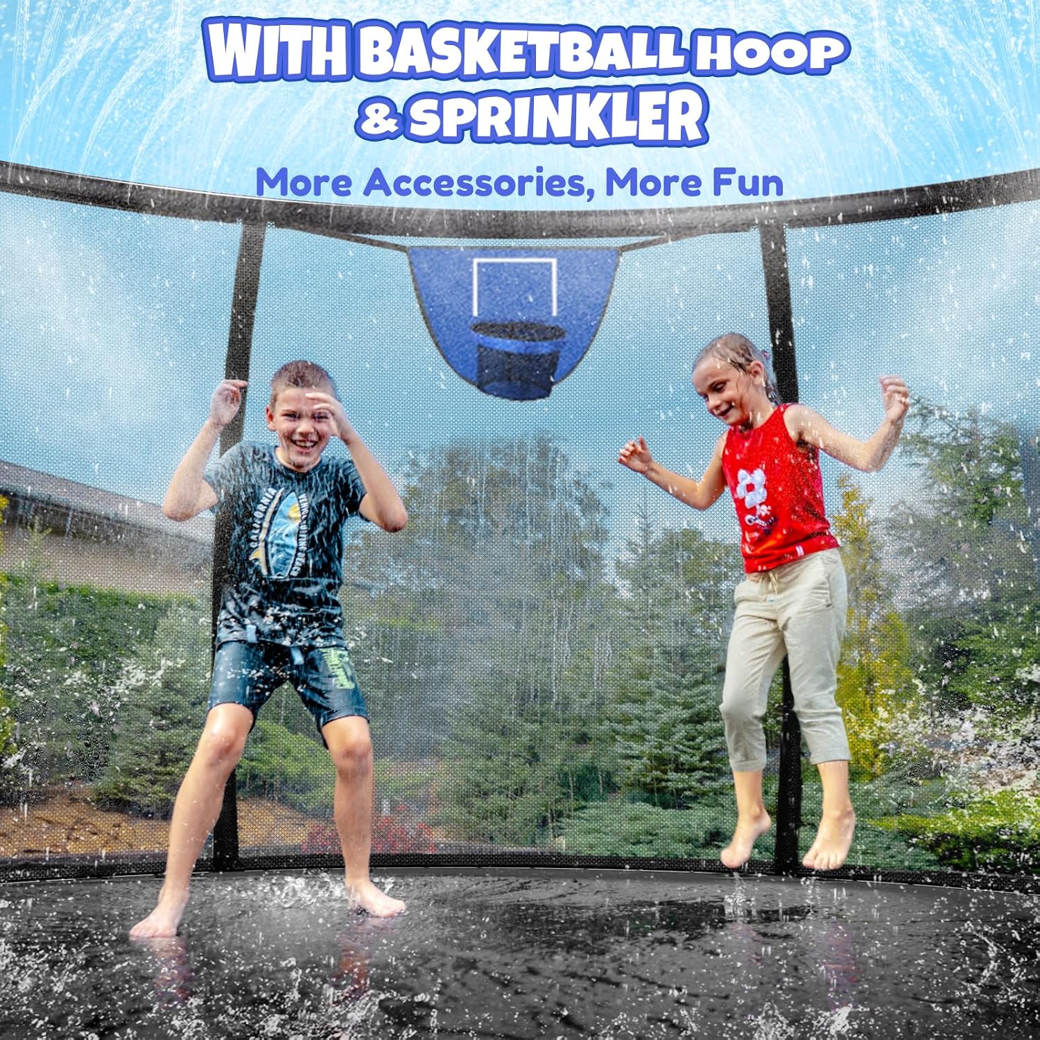 Kiivakii Trampoline 12 14 16FT, Outdoor Big Trampolines for Kids and Adults, Recreational Trampolines with Basketball Hoop and Stakes, Big Round Trampoline with Sprinkler for Backyard
