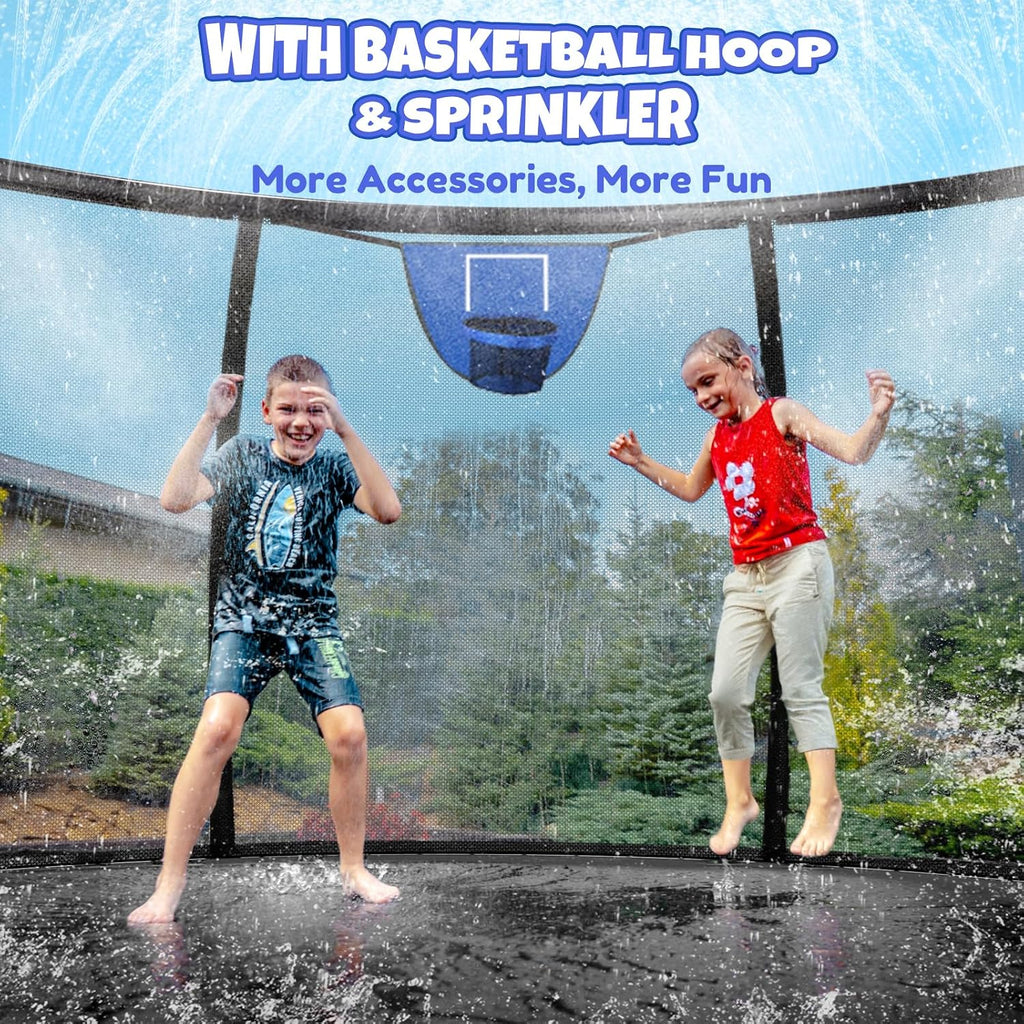 Kiivakii Trampoline 12 14 16FT, Outdoor Big Trampolines for Kids and Adults, Recreational Trampolines with Basketball Hoop and Stakes, Big Round Trampoline with Sprinkler for Backyard