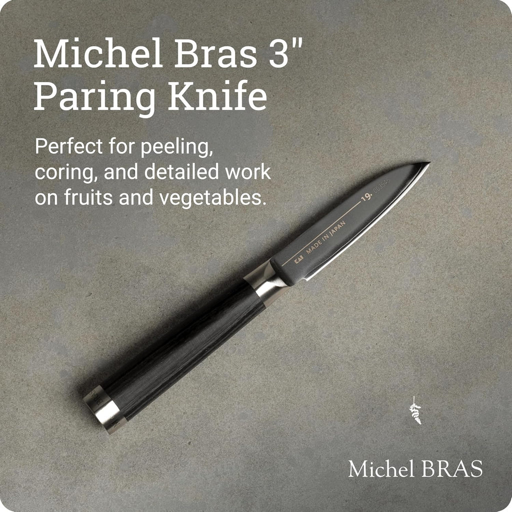 Michel BRAS No. 1 Paring Knife, 3' Handcrafted Vegetable and Fruit Knife, 3 Layer Stainless Steel Blade, Black Pakkawood Handle, Small Kitchen Tool for Peeling and Cutting