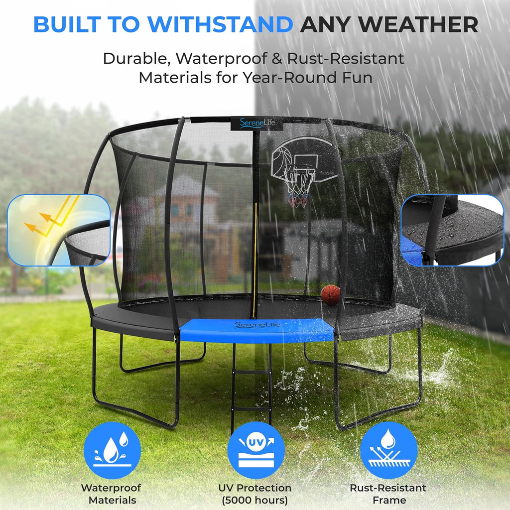 SereneLife Trampoline Outdoor 8FT 10FT 12FT 14FT with Enclosure Net, Ladder and Anti-Rust Coating - ASTM Approved Recreational Trampolines - Heavy Duty Yard Trampolines for Kids and Adults