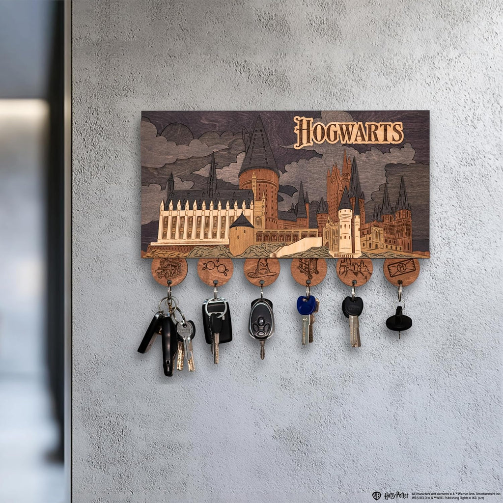 Hogwarts Magnetic Key Holder - Harry Potter 3D Key Holder with Magnetic Keychains - Unique Collectible Wooden Keyholder, Home Decor for Harry Potter Fans (Night Edition, L, 4 Keychains)