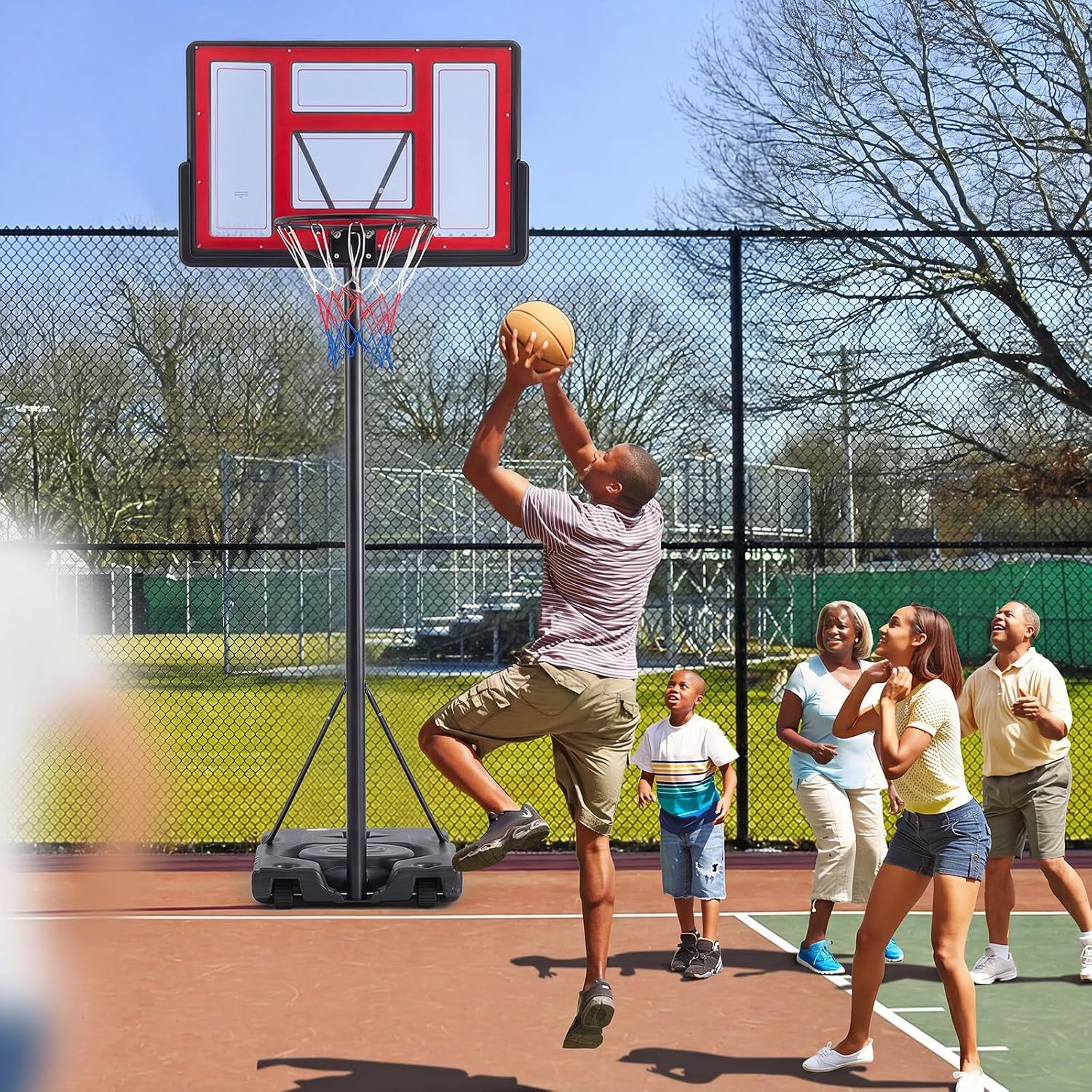DUMOS Portable Basketball Hoop, Shatterproof Backboard & Shock Absorbent Rim, Easy Height Adjustable Outdoor Basketball Goal with Fillable Base & Wheels for Backyard/Driveway/Pool