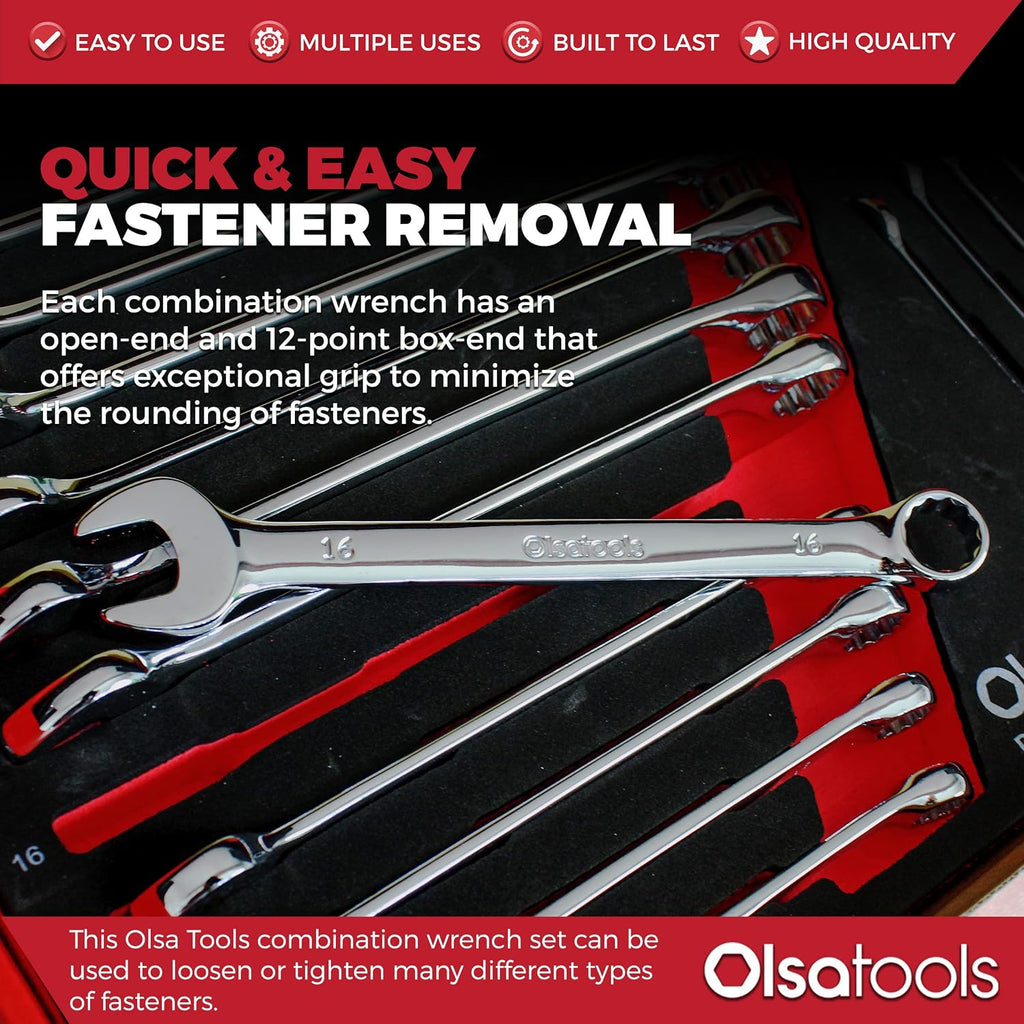 Olsa Tools 15 Pcs Metric Combination Wrench Set, Sizes 8-22mm, Unbreakable, Chrome Vanadium Steel, Polycarbonate
