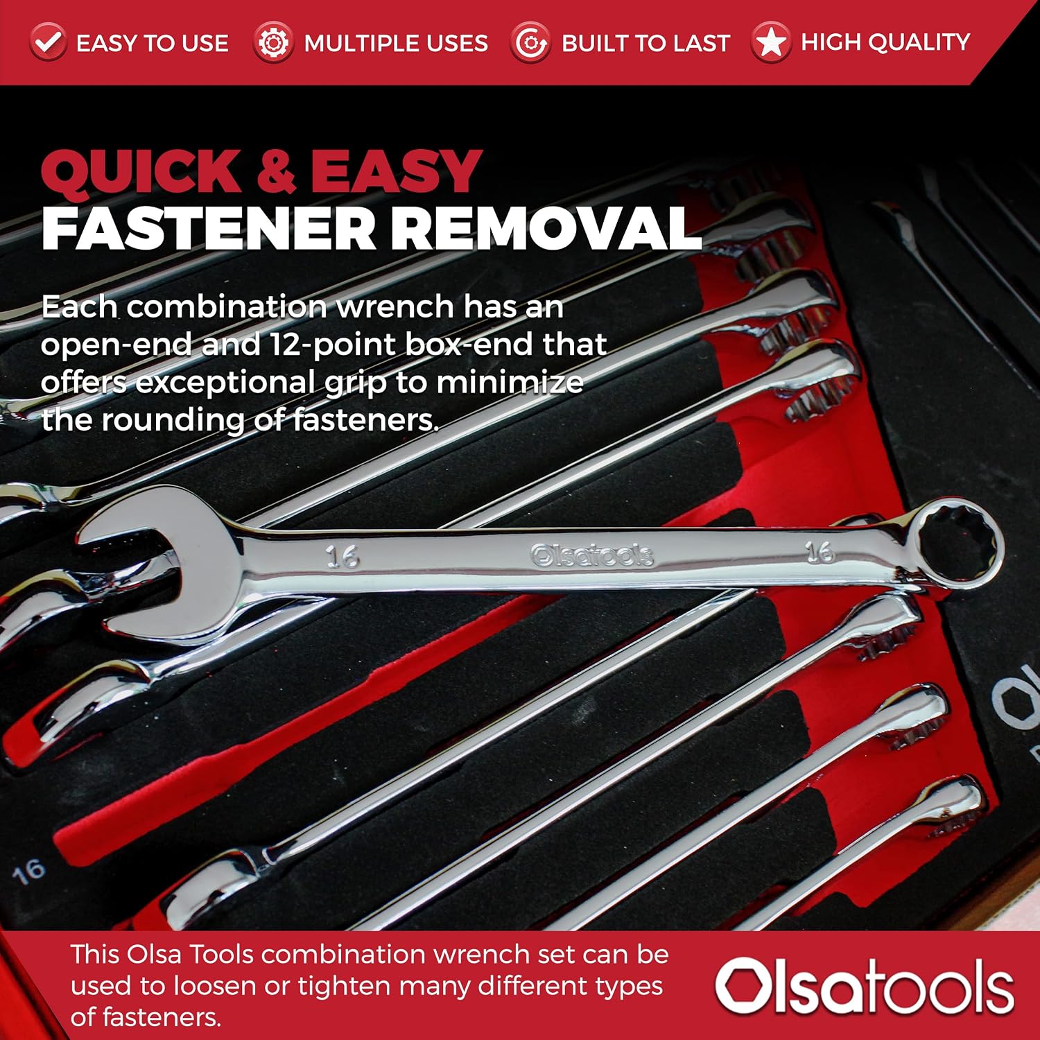 Olsa Tools 15 Pcs Metric Combination Wrench Set, Sizes 8-22mm, Unbreakable, Chrome Vanadium Steel, Polycarbonate