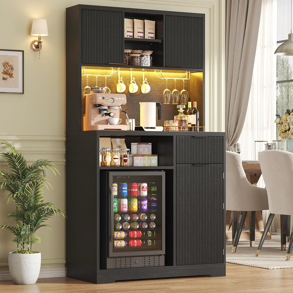 kepptory 72' Mini Fridge Cabinet with Storage, Coffee Bar Cabinet with Mini Fridge, Tall Coffee Bar Station with RGB LED Light, Wine Glass Holder, for Home Kitchen Living Room, Black