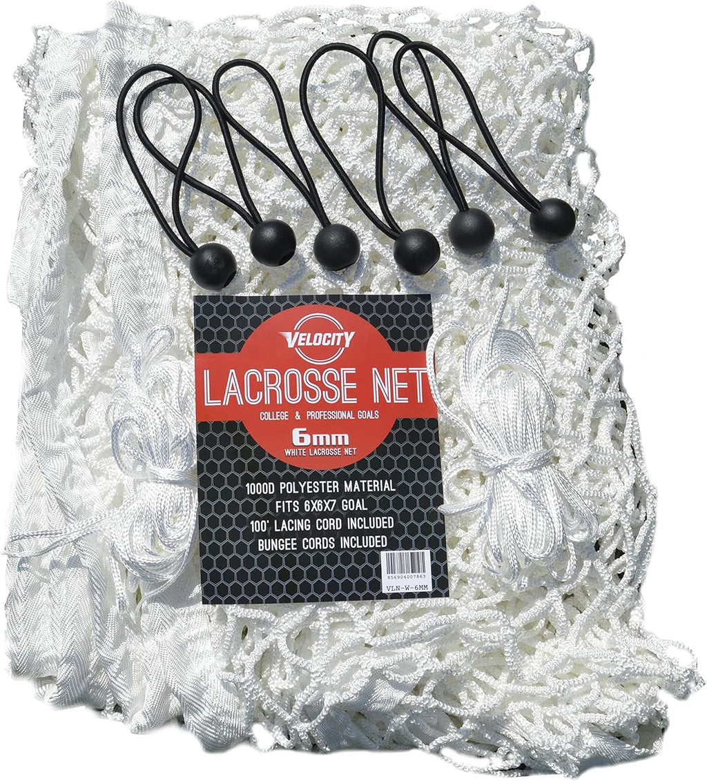 Velocity Heavy Duty Black & White Lacrosse Net - Fits 6'x6'x7' Goals - Weatherproof, UV Resistant 1000D High-Strength Polyester - Comes with 100+ Feet of Lacing Cord and 4 Quick Ties