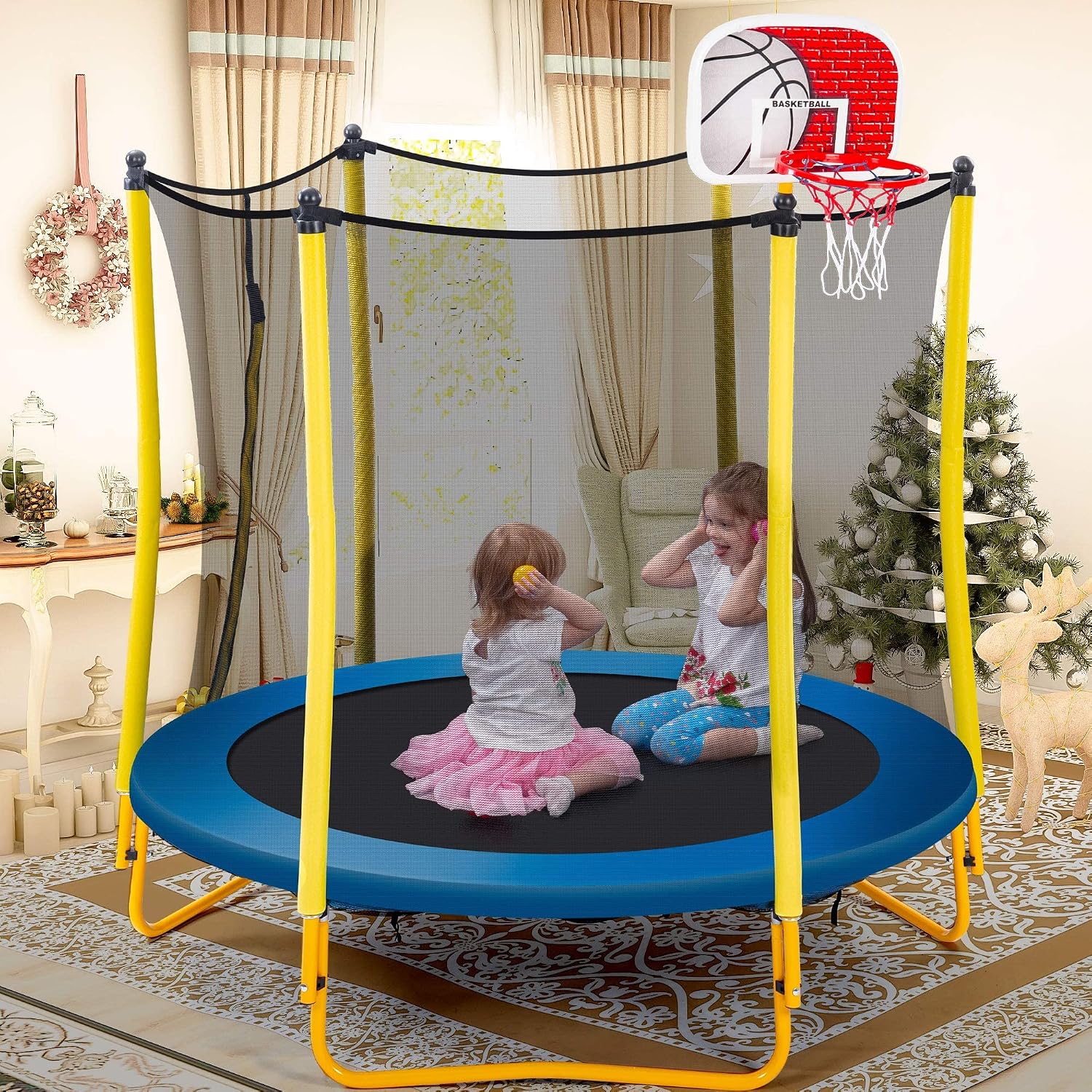 Merax 66'' Trampoline for Kids with Basketball Hoop, Rubber Ball and Enclosure Net
