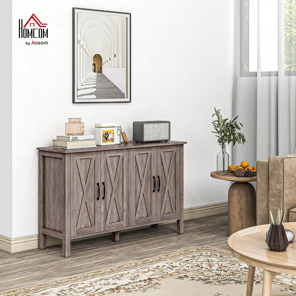 HOMCOM Buffet Cabinet, 47' Sideboard with 4 Barn Doors and 2 Adjustable Shelves, Farmhouse Coffee Bar Cabinet, Gray Wood Grain