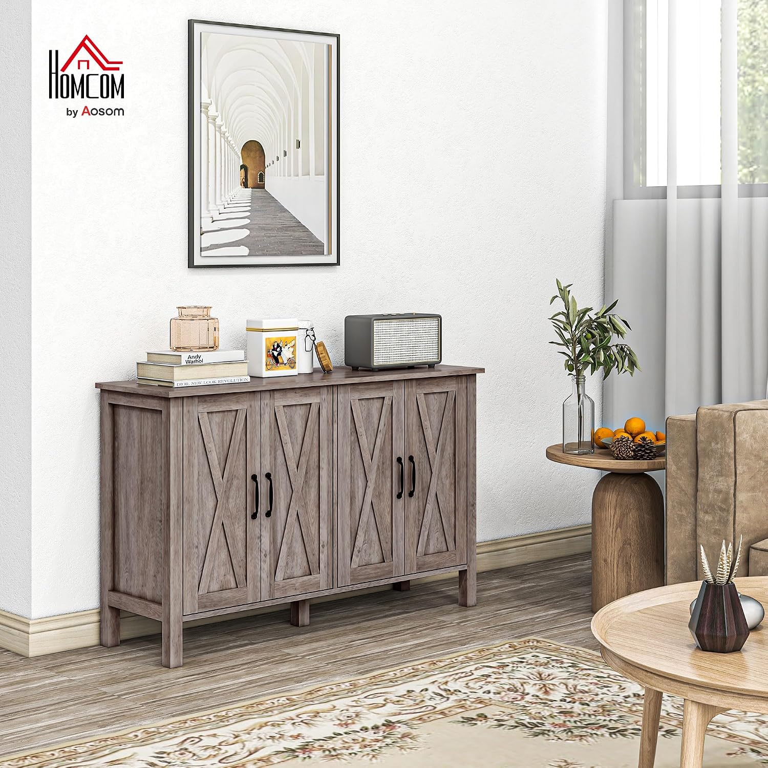 HOMCOM Buffet Cabinet, 47' Sideboard with 4 Barn Doors and 2 Adjustable Shelves, Farmhouse Coffee Bar Cabinet, Gray Wood Grain