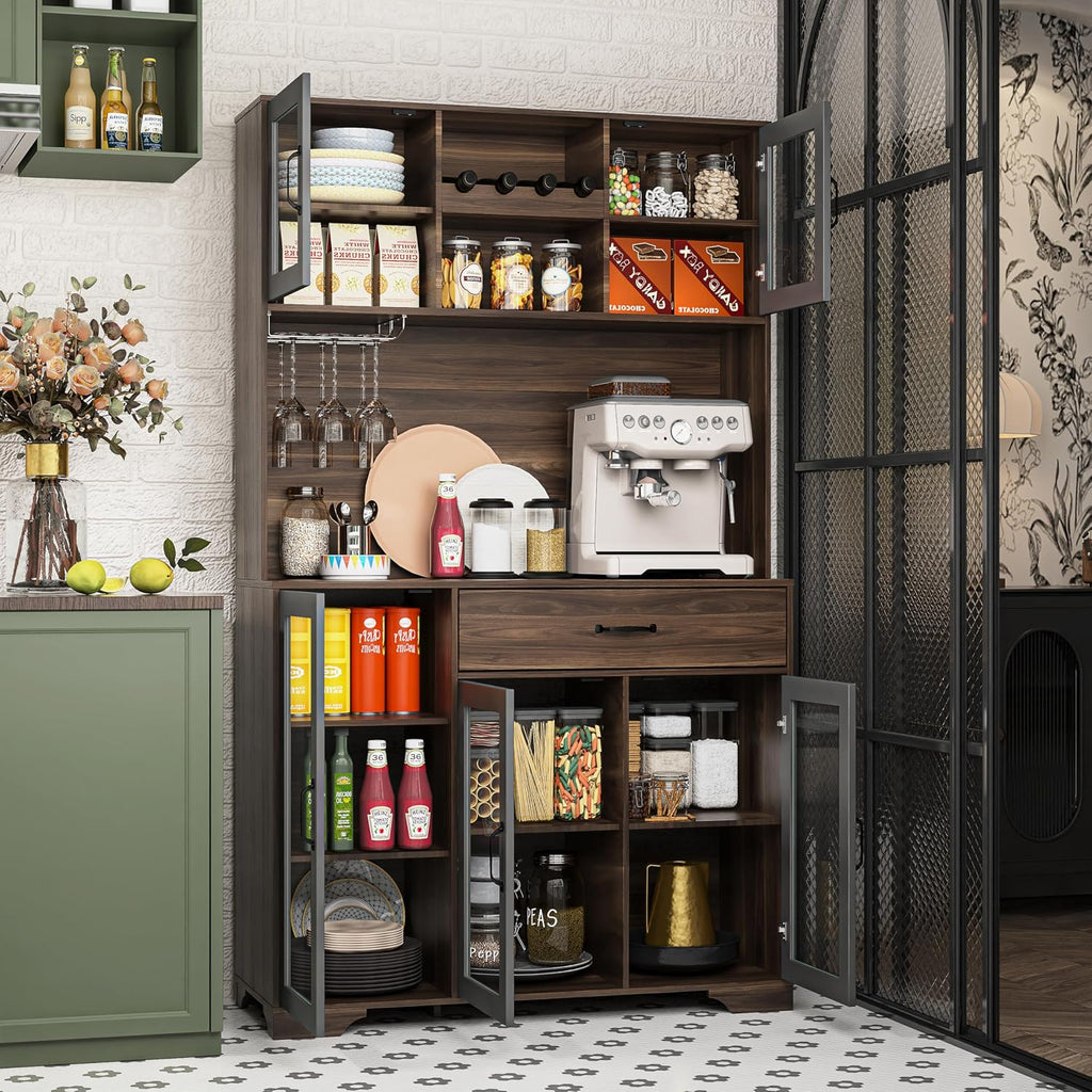 Fatmok 71' Tall Pantry Cabinet with Glass Doors, Kitchen Hutch Storage Cabinet, Coffee Bar & Liquor Cabinet with Charging Station & LED Lights, Wine Rack, Adjustable Shelves＆Large Drawer, Brown