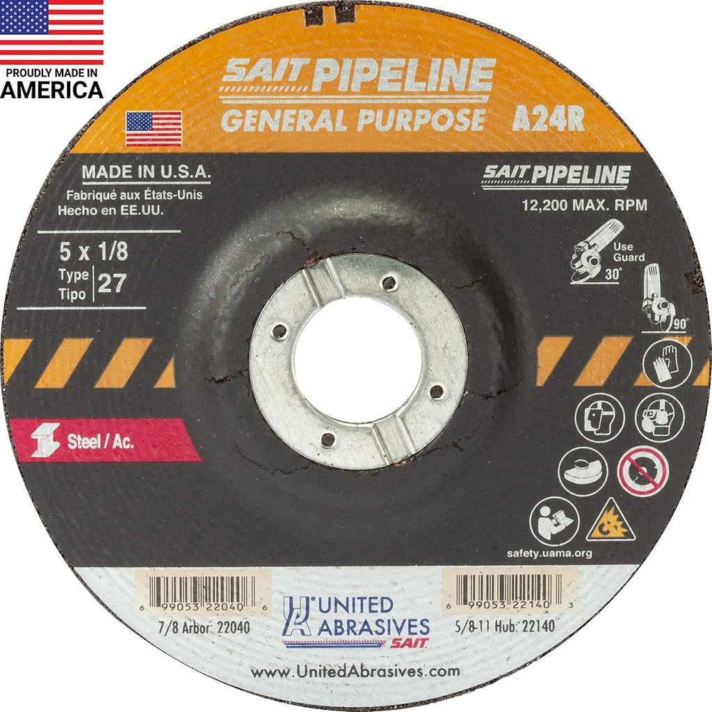 United Abrasives-SAIT 22040 A24R General Purpose Pipeline Wheel (Type 27 Depressed Center) 5' x 1/8' x 7/8', 25-Pack