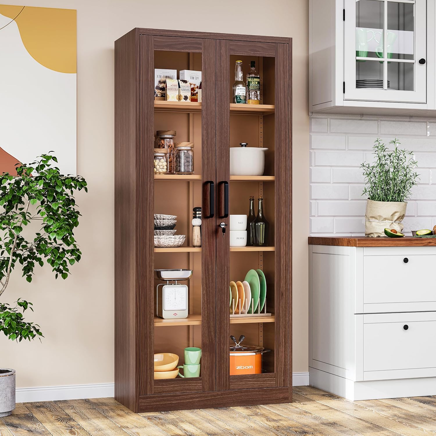 Metal Storage Cabinet with Lock and Glass Doors,Glass Display Cabinet,Tall Storage Cabinets,Locking Curio Cabinets with 5 Shelves for Collectibles,Home,Office,Living Room
